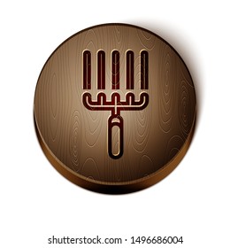 Brown line Garden rake in work icon isolated on white background. Tool for horticulture, agriculture, farming. Ground cultivator. Wooden circle button. Vector Illustration