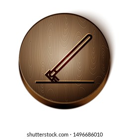 Brown line Garden rake in work icon isolated on white background. Tool for horticulture, agriculture, farming. Ground cultivator. Wooden circle button. Vector Illustration