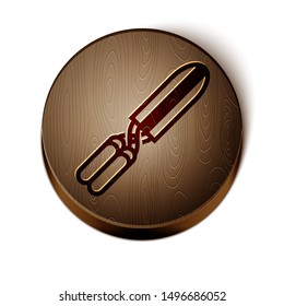 Brown line Gardening handmade scissors for trimming icon isolated on white background. Pruning shears with wooden handles. Wooden circle button. Vector Illustration