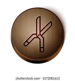 Brown line Gardening handmade scissors for trimming icon isolated on white background. Pruning shears with wooden handles. Wooden circle button. Vector Illustration