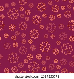 Brown line Gear icon isolated seamless pattern on red background. Cogwheel gear settings sign. Cog symbol.  Vector Illustration