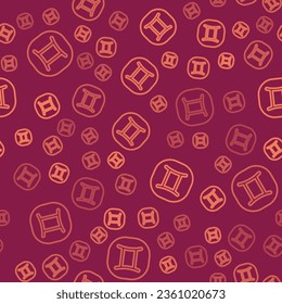 Brown line Gemini zodiac sign icon isolated seamless pattern on red background. Astrological horoscope collection.  Vector