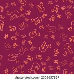 Brown line Genetically modified chicken icon isolated seamless pattern on red background. Syringe being injected to chicken.  Vector
