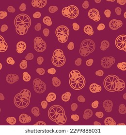Brown line Genetically modified citrus fruit icon isolated seamless pattern on red background. Orange in a cut. Healthy lifestyle. GMO fruit.  Vector