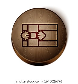 Brown line Gift box icon isolated on white background. Wooden circle button. Vector Illustration