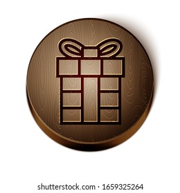 Brown line Gift box icon isolated on white background. Merry Christmas and Happy New Year. Wooden circle button. Vector Illustration