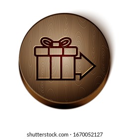 Brown line Gift box icon isolated on white background. Wooden circle button. Vector Illustration