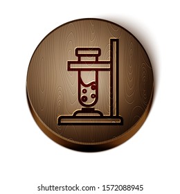 Brown line Glass test tube flask on fire heater experiment icon isolated on white background. Laboratory equipment. Wooden circle button. Vector Illustration