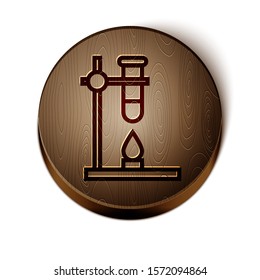 Brown line Glass test tube flask on fire heater experiment icon isolated on white background. Laboratory equipment. Wooden circle button. Vector Illustration