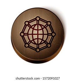 Brown line Global technology or social network icon isolated on white background. Wooden circle button. Vector Illustration