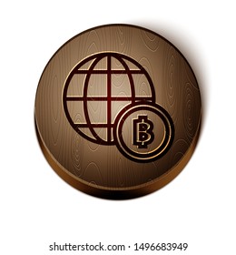 Brown line Globe and cryptocurrency coin Bitcoin icon isolated on white background. Physical bit coin. Blockchain based secure crypto currency. Wooden circle button. Vector Illustration