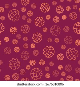 Brown line Globe of the Earth and gear or cog icon isolated seamless pattern on red background. Setting parameters. Global Options.  Vector Illustration