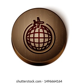 Brown line Globe with flying plane icon isolated on white background. Airplane fly around the planet earth. Aircraft world icon. Wooden circle button. Vector Illustration