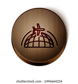 Brown line Globe with flying plane icon isolated on white background. Airplane fly around the planet earth. Aircraft world icon. Wooden circle button. Vector Illustration