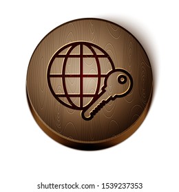 Brown line Globe key icon isolated on white background. Wooden circle button. Vector Illustration