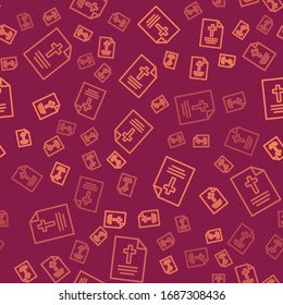 Brown line Greeting card with Happy Easter icon isolated seamless pattern on red background. Celebration poster template for invitation or greeting card.  Vector Illustration