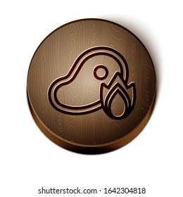 Brown line Grilled steak meat and fire flame icon isolated on white background. Wooden circle button. Vector Illustration