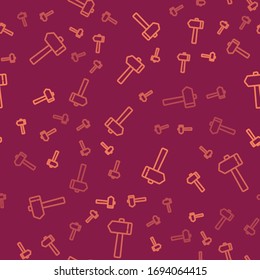 Brown line Hammer icon isolated seamless pattern on red background. Tool for repair.  Vector Illustration