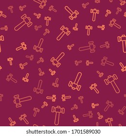 Brown line Hammer icon isolated seamless pattern on red background. Tool for repair.  Vector Illustration