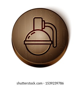 Brown line Hand grenade icon isolated on white background. Bomb explosion. Wooden circle button. Vector Illustration