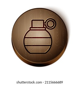 Brown line Hand grenade icon isolated on white background. Bomb explosion. Wooden circle button. Vector