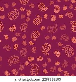 Brown line Hand grenade icon isolated seamless pattern on red background. Bomb explosion.  Vector