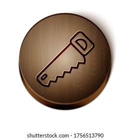Brown line Hand saw icon isolated on white background. Wooden circle button. Vector Illustration