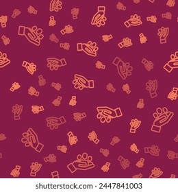 Brown line Hand for search a people icon isolated seamless pattern on red background. Recruitment or selection concept. Search for employees and job.  Vector