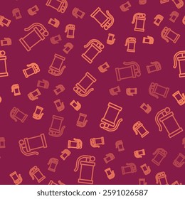 Brown line Hand smoke grenade icon isolated seamless pattern on red background. Bomb explosion.  Vector