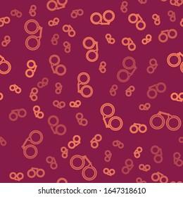 Brown line Handcuffs icon isolated seamless pattern on red background.  Vector Illustration