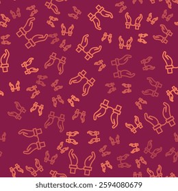 Brown line Handcuffs on hands of criminal man icon isolated seamless pattern on red background. Arrested man in handcuffs. A crime, arrest, business and corruption concept.  Vector