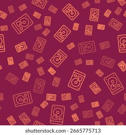 Línea marrón Icono de disco duro aislado patrón transparente sobre fondo rojo.  Vector