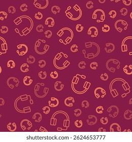 Brown line Headphones icon isolated seamless pattern on red background. Earphones. Concept for listening to music, service, communication and operator.  Vector