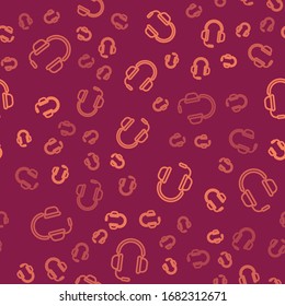 Brown line Headphones with microphone icon isolated seamless pattern on red background.  Vector Illustration
