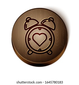 Brown line Heart in the center alarm clock icon isolated on white background. Valentines day. Wooden circle button. Vector Illustration