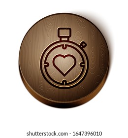 Brown line Heart in the center stopwatch icon isolated on white background. Valentines day. Wooden circle button. Vector Illustration