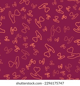 Brown line Heart in hand icon isolated seamless pattern on red background. Hand giving love symbol. Valentines day symbol.  Vector