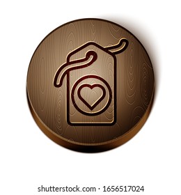 Brown line Heart tag icon isolated on white background. Love symbol. Valentine day symbol. Wooden circle button. Vector Illustration