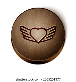 Brown line Heart with wings icon isolated on white background. Love symbol. Valentines day. Wooden circle button. Vector Illustration