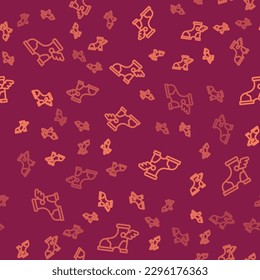 Brown line Hermes sandal icon isolated seamless pattern on red background. Ancient greek god Hermes. Running shoe with wings.  Vector