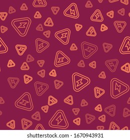 Brown line High voltage icon isolated seamless pattern on red background. Danger symbol. Arrow in triangle. Warning icon.  Vector Illustration