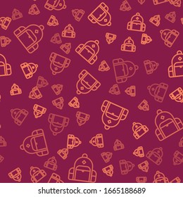 Brown line Hiking backpack icon isolated seamless pattern on red background. Camping and mountain exploring backpack.  Vector Illustration
