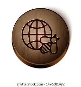 Brown line Honeycomb map of the world and bee icon isolated on white background. World bee day. Concept ecological event. Wooden circle button. Vector Illustration