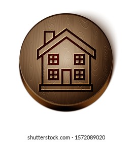 Brown line House icon isolated on white background. Home symbol. Wooden circle button. Vector Illustration