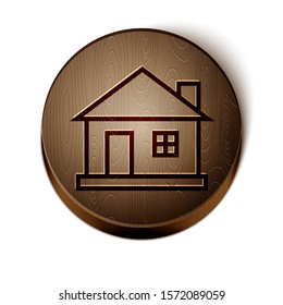 Brown line House icon isolated on white background. Home symbol. Wooden circle button. Vector Illustration
