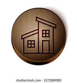 Brown line House icon isolated on white background. Home symbol. Wooden circle button. Vector Illustration