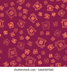Brown line House icon isolated seamless pattern on red background. Home symbol.  Vector Illustration