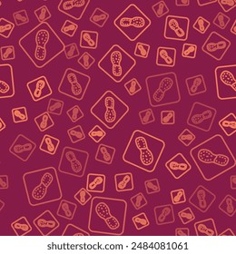 Brown line Human footprints shoes icon isolated seamless pattern on red background. Shoes sole.  Vector
