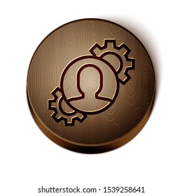 Brown line Human with gear inside icon isolated on white background. Artificial intelligence. Thinking brain sign. Symbol work of brain. Wooden circle button. Vector Illustration