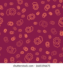 Brown line Human head with gear inside icon isolated seamless pattern on red background. Artificial intelligence. Thinking brain. Symbol work of brain.  Vector Illustration